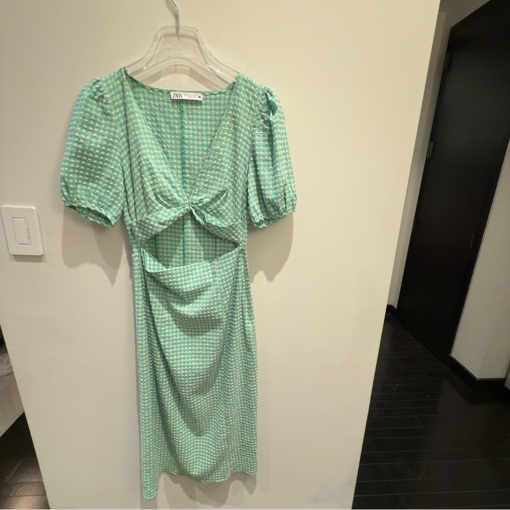 Zara Green Gingham Cut Out Midi Puff Sleeve Dress Size Small Women - Picture 2 of 14
